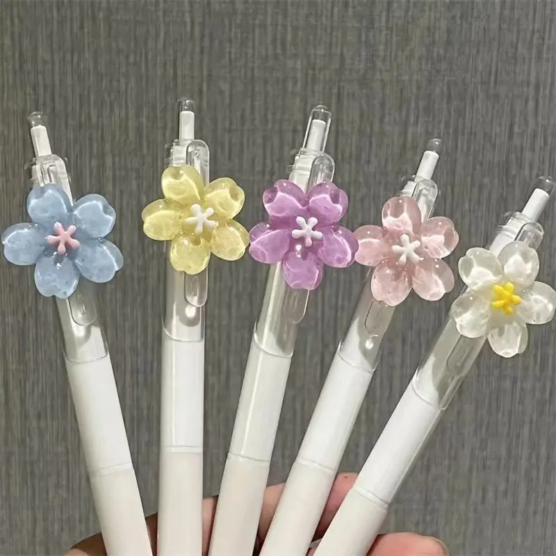 5 PCS Transparent flower Gel Pen Black Ink 0.5mm Quick Drying Ballpoint Pen Kawaii Pen Writing Tool School Office Stationery