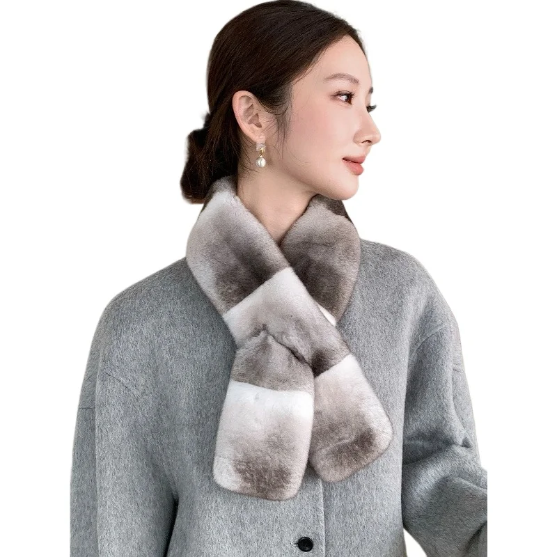 

Women's warm scarf double-sided whole leather Rex rabbit fur winter cyan purple blue imitation chinchilla