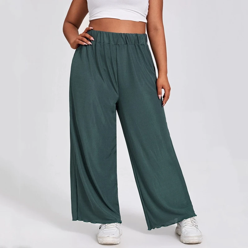 Plus Size Elastic Waist Summer Elegant Wide Leg Pants Loose Rib Knitted Casual Straight Pants Trousers Plus Size Womens Bottoms