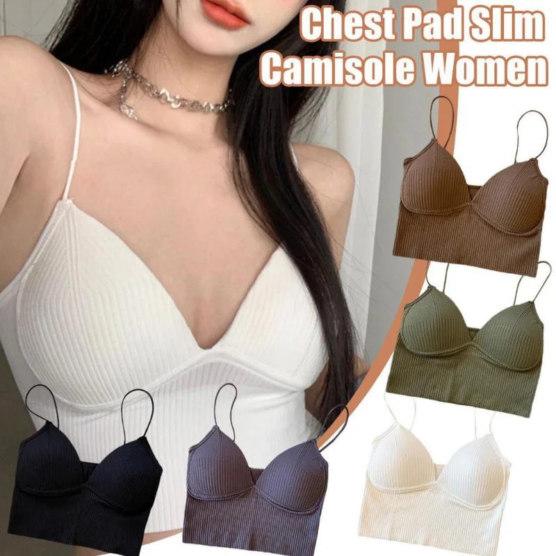 Women Seamless Crop Top Underwear Wire-Free V-Shaped Camisole Thin Straps Striped Solid Bralette Lingerie One-Piece Tube Tops