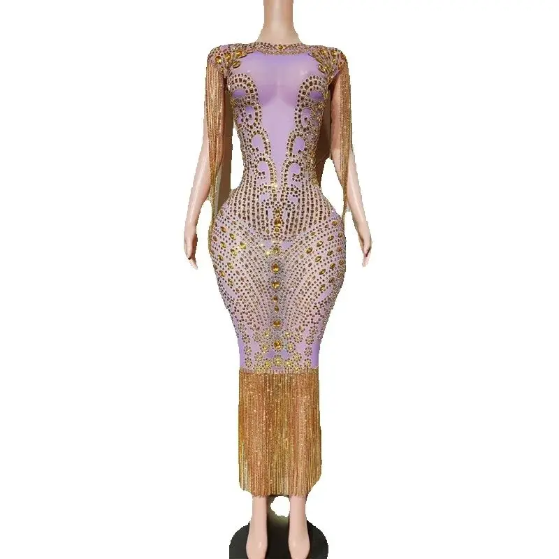 Sukienka damska z frędzlami, łańcuszkami i dżetami, strój imprezowy, dla piosenkarki, na wieczór, do baru, klubu, na występ, na scenę, na wybieg, model XS10297