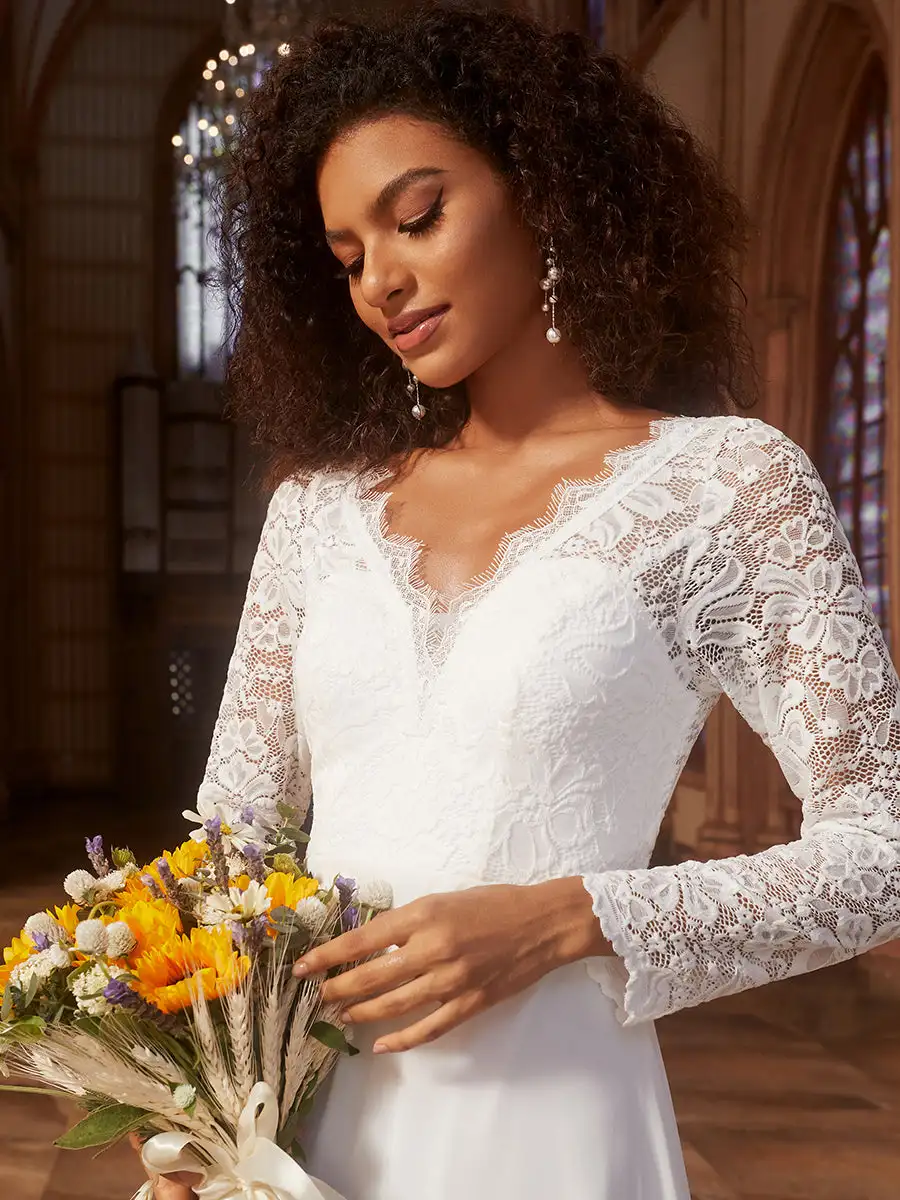 Abiti da sposa eleganti Scollo a V in pizzo cavo foderato fino al pavimento 2025 Sempre carino di abito formale da donna in chiffon bianco sexy