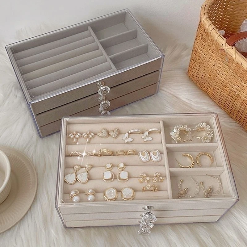 

Трехслойная бархатная шкатулка для украшений, акриловая шкатулка для хранения серег, колец, ожерелий, антиокислительная шкатулка для ювелирных изделий