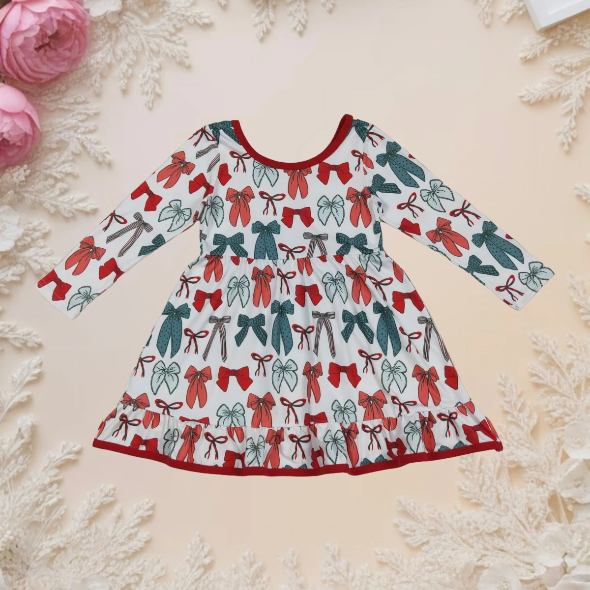 

Christmas Kids Dress Girl Bows Print Round Neck Long Sleeve Toddler Princess Dress Cute Hot Sale Fashion Knee Length Dresses