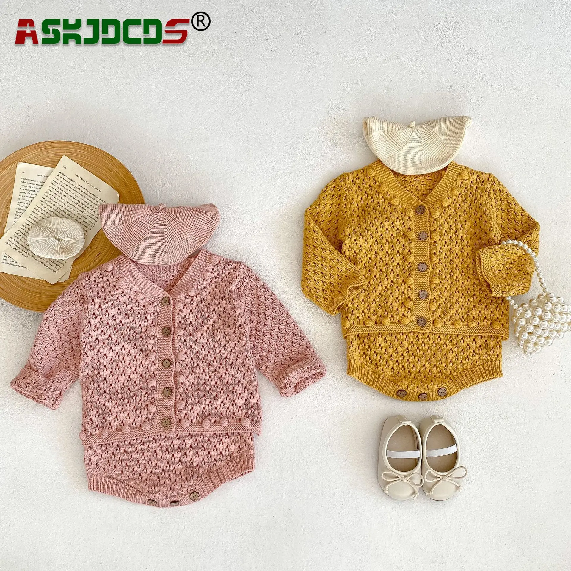 

Autumn Handmade Hollow Ball Top Single-Breasted Coat Strap Bodysuits Toddler Kids Knitted Clothing Set Infant Baby Girls 0-3Y