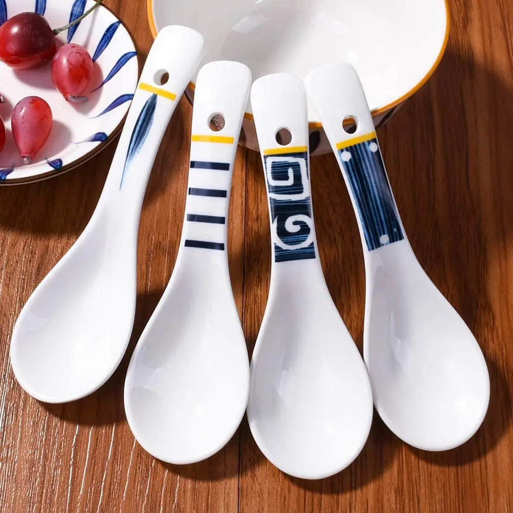 1PC Ceramic Spoon Japanese Style Soup Spoon for Porridge Chaos Salad Noodle Miso Dessert Ceramic Tableware Asian Soup Spoon