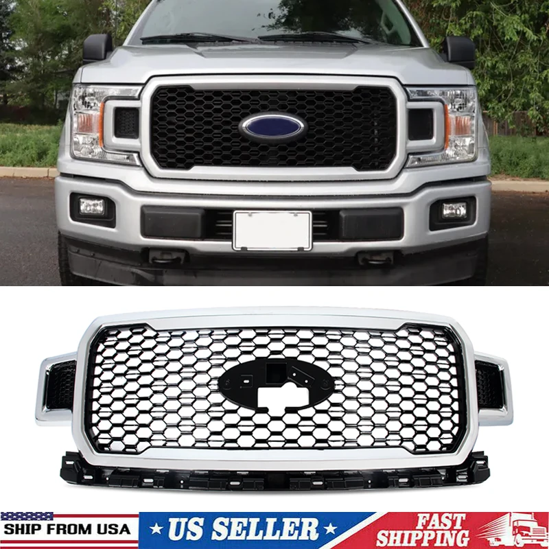 SAIQINGSP Chrome+Black Front Bumper Grille  Fit Ford F-150 F150 2018-2020 Car Accessories Tools