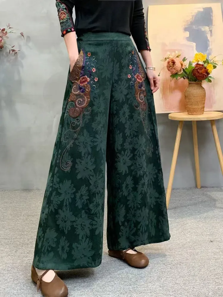 Ele Embroidered Wide Leg Pants Women's High Waist Cotton Floral Patterned Slimming Straight Cut Trousers Retro Sle