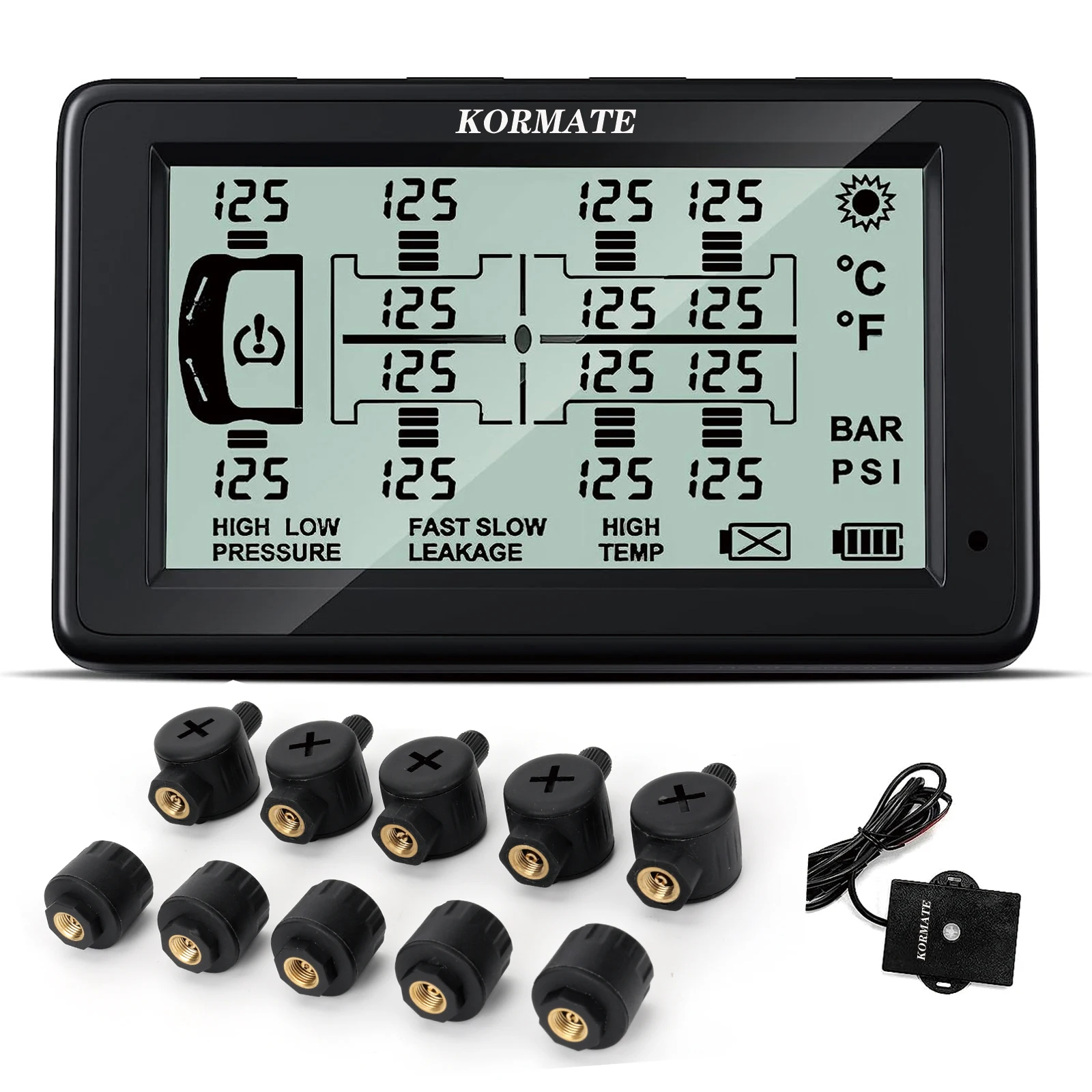 Tire Pressure Monitoring System 4-14 Wheels Sensors(Flow-Thru Optional),7 Alarm Modes,No repeater 4 and 6 sensors system