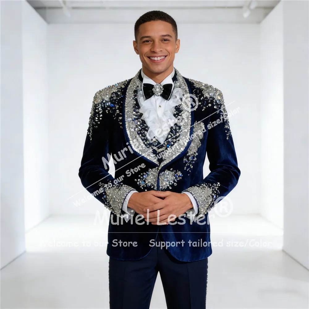 

Изысканный мужской костюм с кристаллами для свадьбы, шаль, пиджаки для выпускного вечера, индивидуальный пошив, смокинги для жениха, банкетный костюм Homme