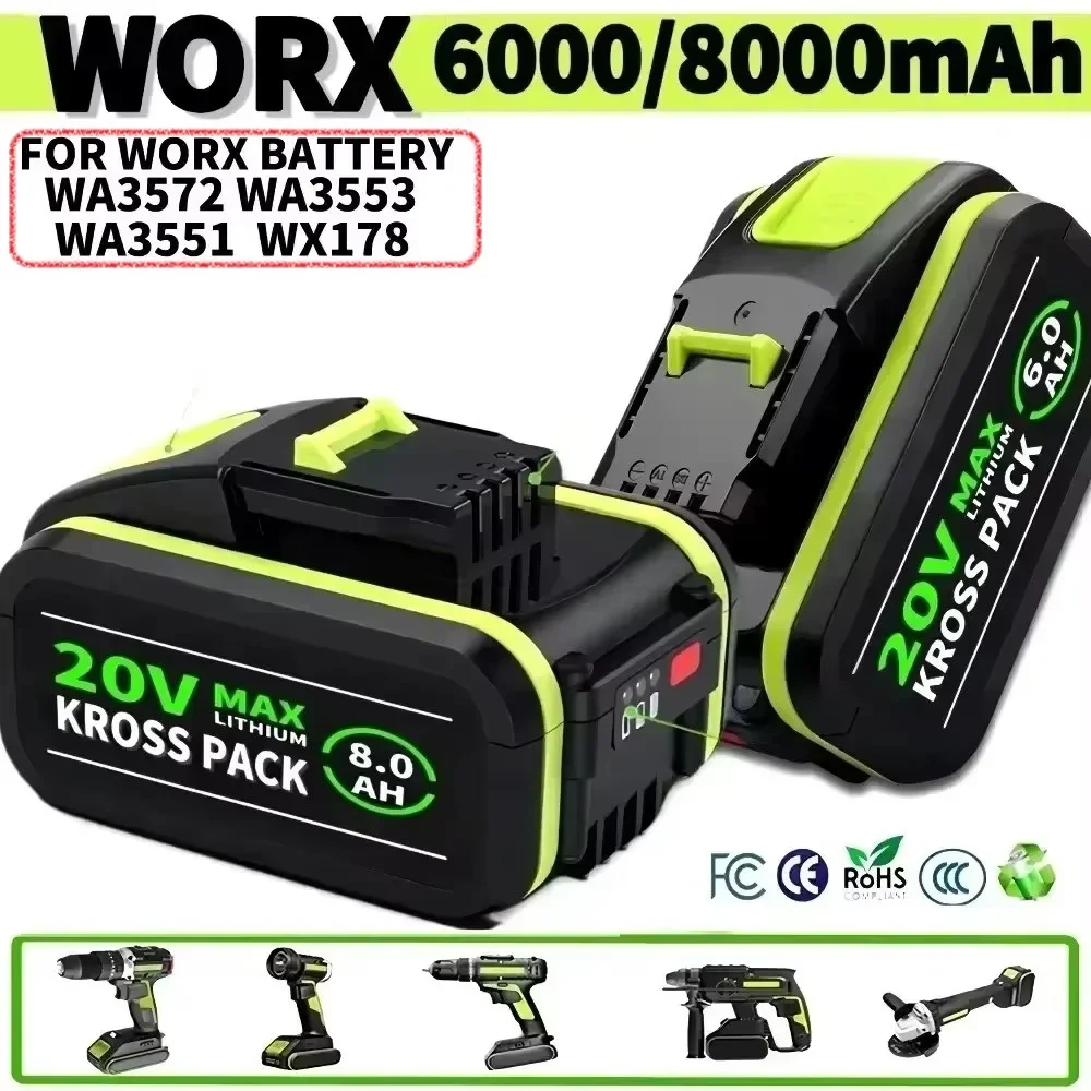 WORX 20V 6.0Ah/8.0Ah Large Capacity Lithium-Ion Battery WA3551 WA3551.1 WA3553 WA3641 WX373 WX390 Rechargeable Battery Tool