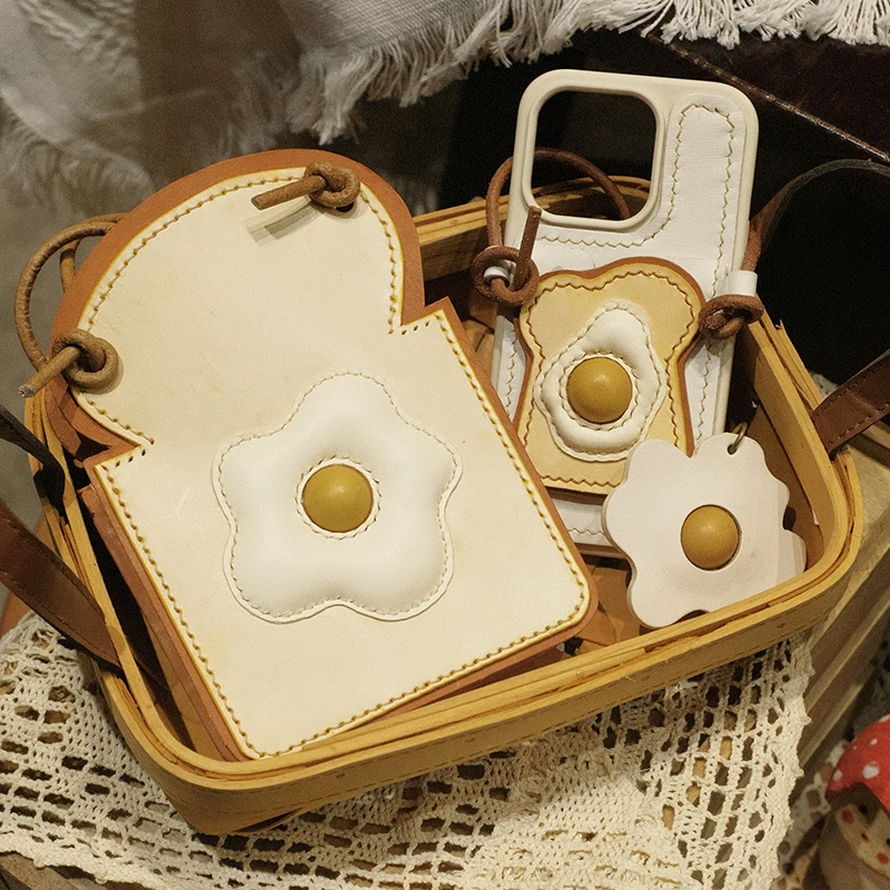 

Toast-shaped phone pouch made of top-layer cowhide original design handmade gift for holidays simple and cute gift