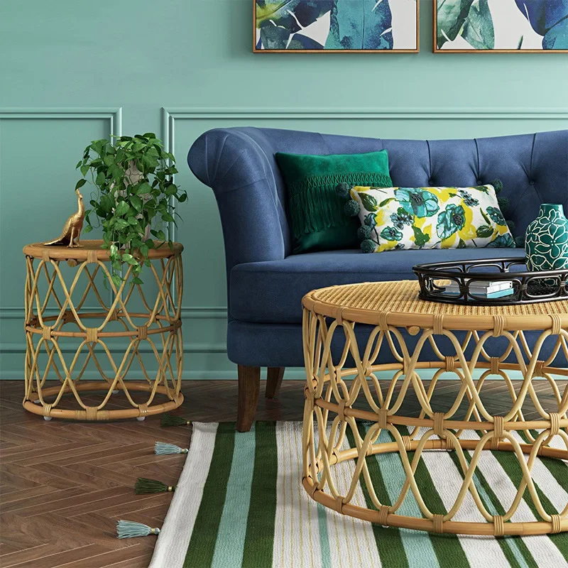 Coffee table small size small coffee table rattan on the side of the round sofa