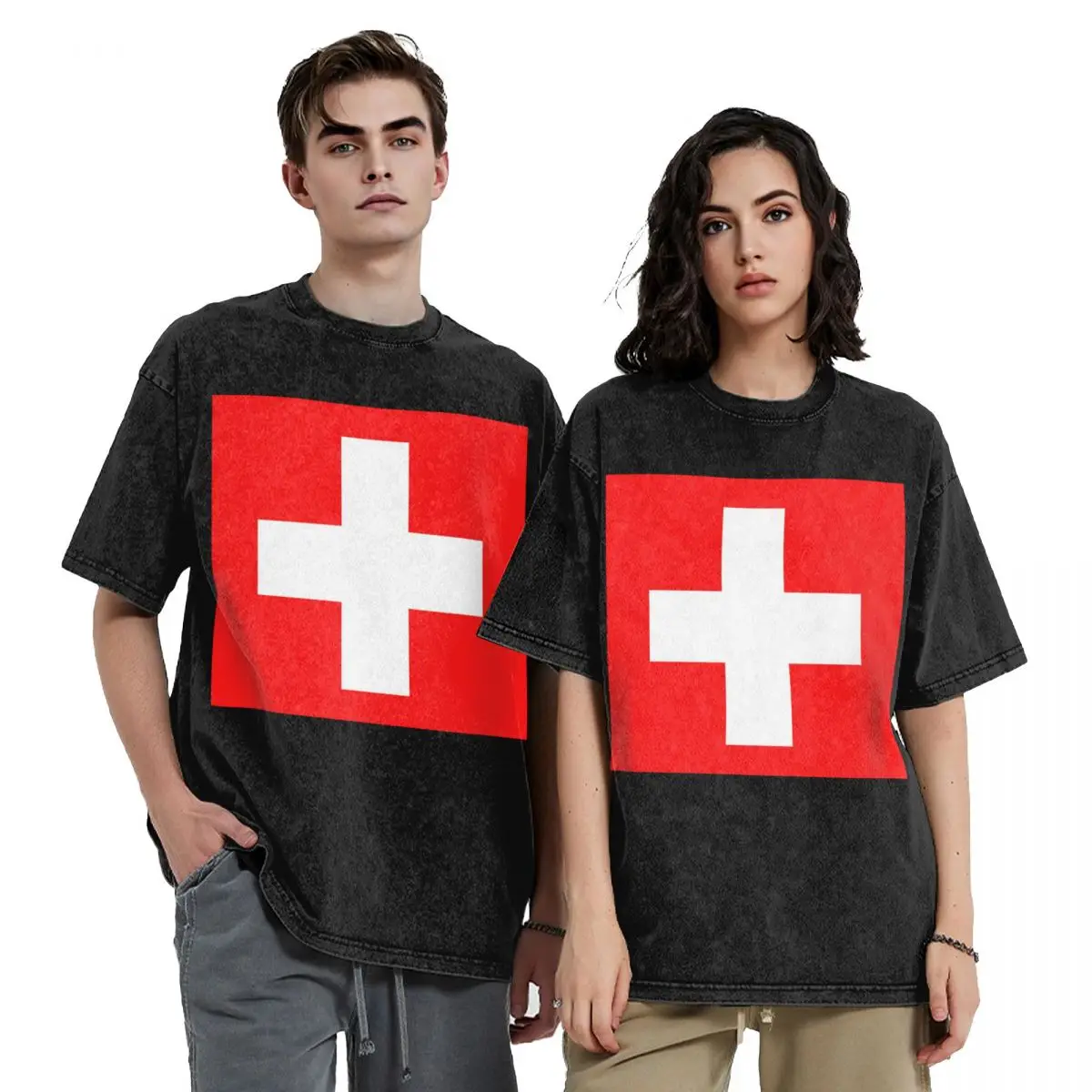 Swiss Switzerland Flag Hip Hop Short Sleeve T-Shirts Washed Tops Tees Streetwear T Shirt Harajuku for Men Women