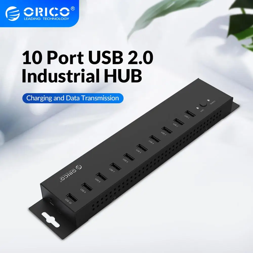 ORICO 10 Ports USB 2.0 Industrial HUB With 12V5A Power Adapter 60W Detached Power Module Support Charging For Windows Mac Linux