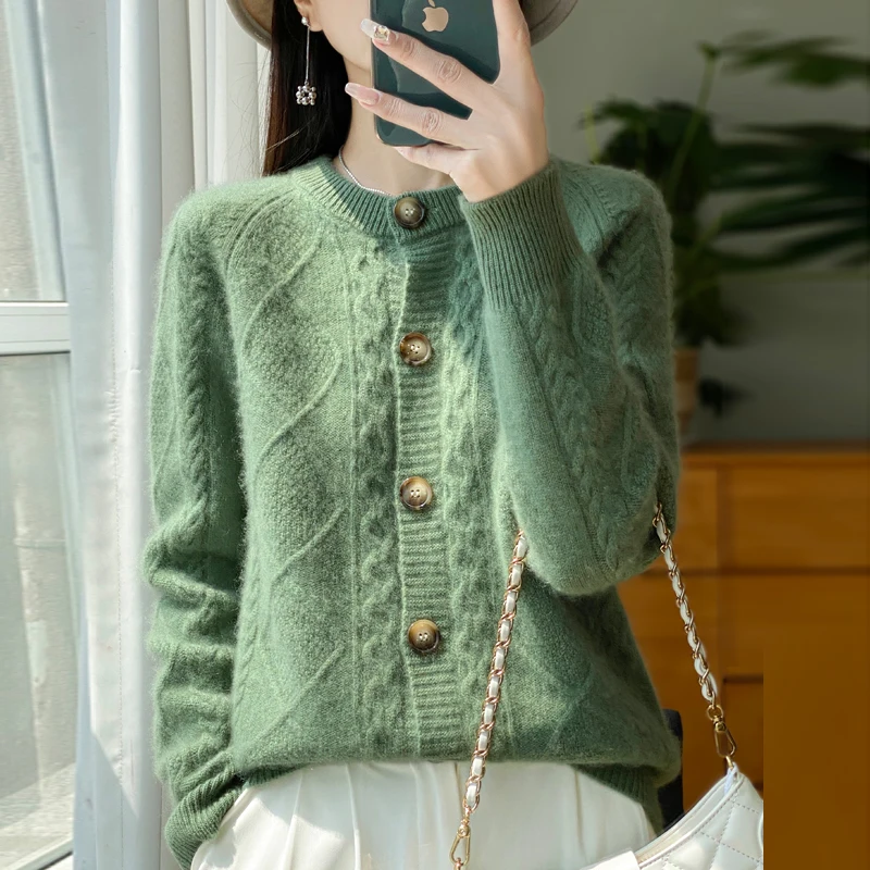 Women Autumn Winter Cashmere Sweater Thick Cardigan 100% Merino Wool O-Neck Knitwear Female  Soft Casual Rhombus Knitting Top