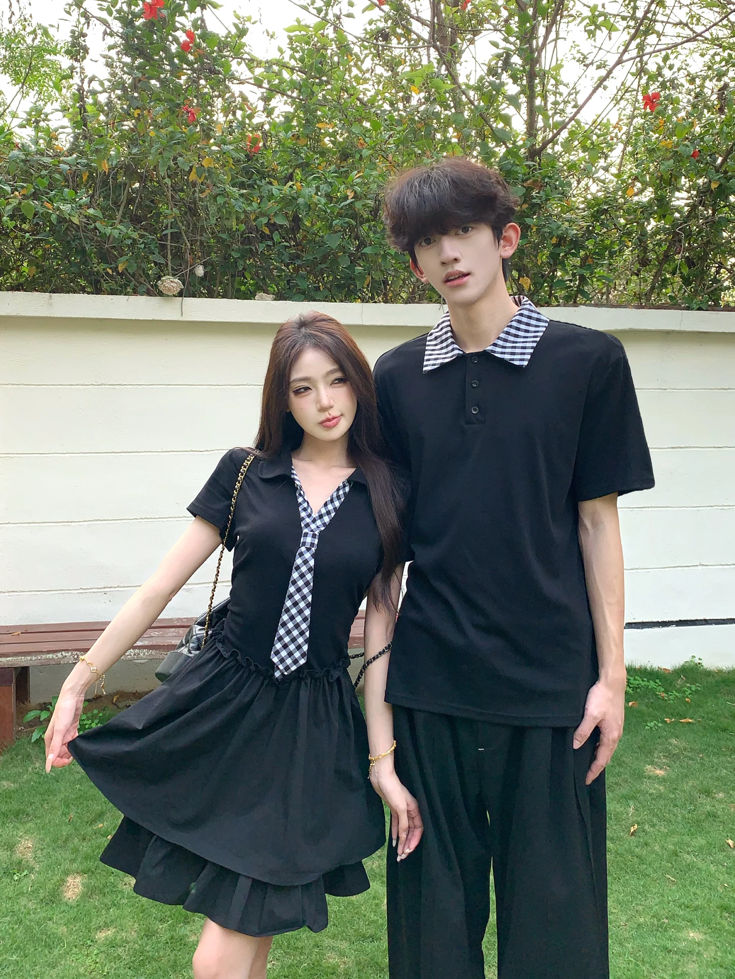 Couple's Checkered  Neck Short Sleeve T-Shirt Dress And Skirt Set Casual Style Standard Fit Universal Size for Men And Women