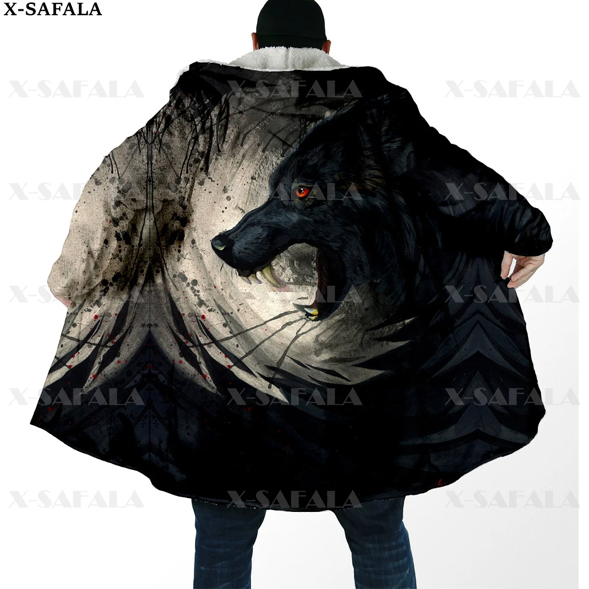 

Viking Tattoo Tiger/Yin And Yang Lion/Wolf Thick Warm Hooded Cloak Men Overcoat Coat Windproof Fleece Cape Robe Hooded Blanket-3