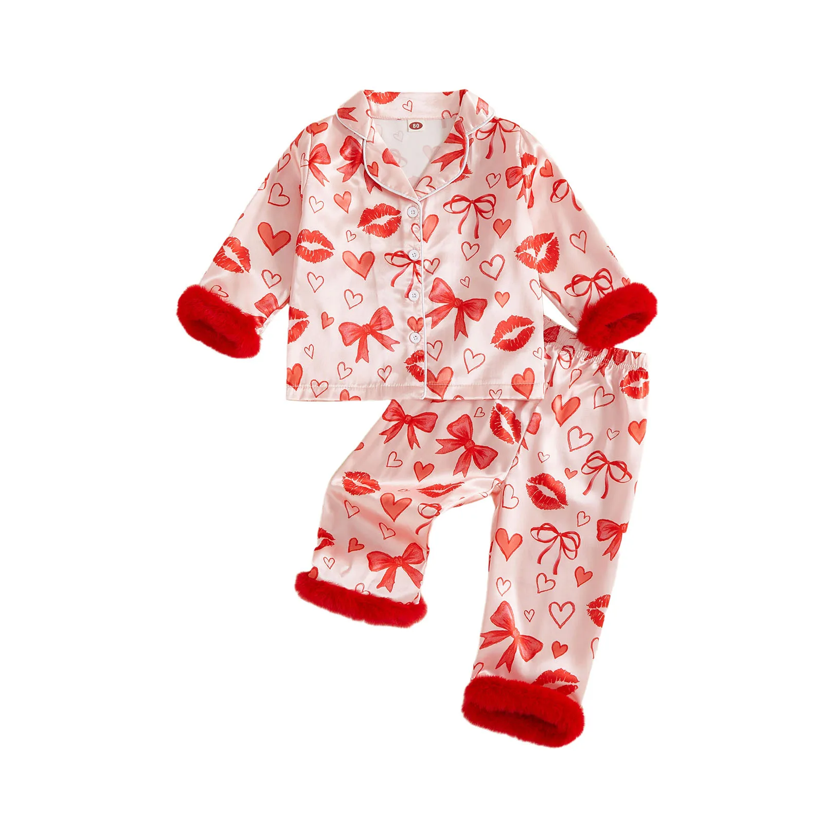 1-7Y طفل فتاة صغيرة عيد الحب منامة مجموعة طباعة الفراء تقليم زر أسفل التلبيب الخامس الرقبة طويلة الأكمام قميص بلايز السراويل Homewear