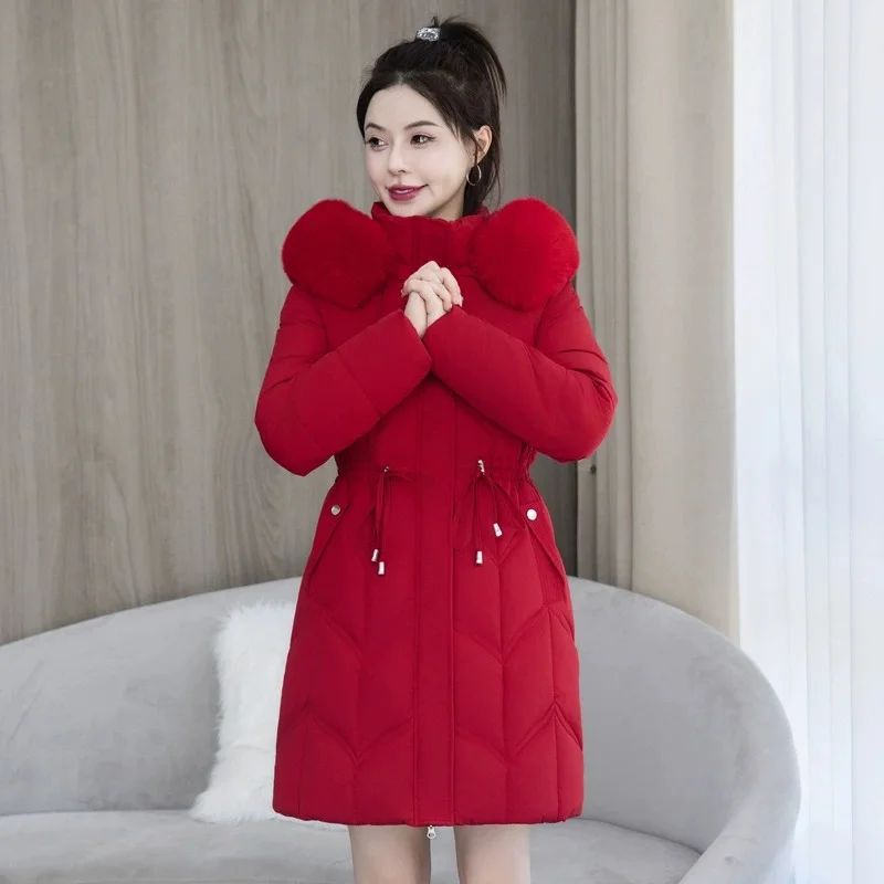 冬のダウンコットンジャケット婦人服ロングパーカーフード付き暖かい 2025 新しい冬厚い防水コート女性黒オーバーコート