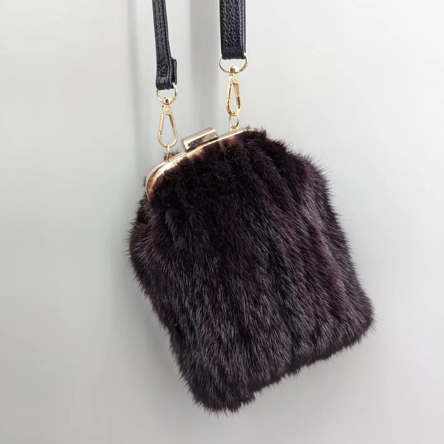 Women Brown Real Mink Fur Mini Phone Bag Adjustable Strap Fluffy Genuine Fur Crossbody Purse 23A0801