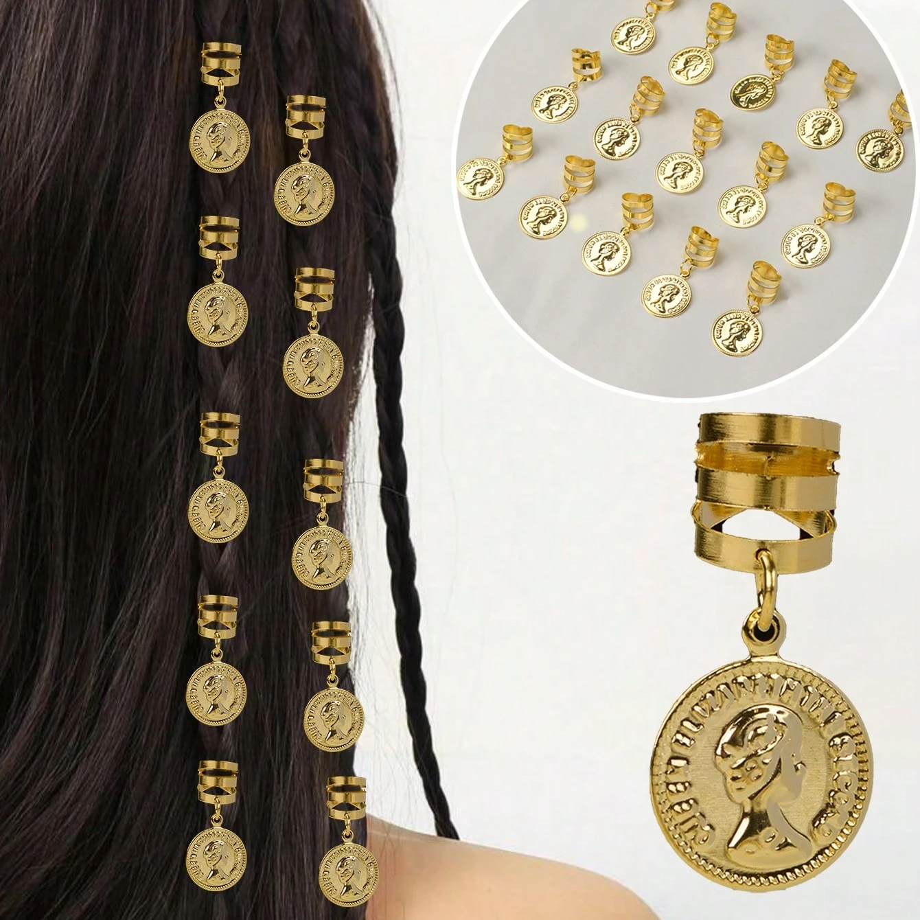 10pcs Women's Round Pendant, Dirty Braids Clip, Faux Hair Extension Ring, Personalized Retro Braid Buckle, Letter Round Plate