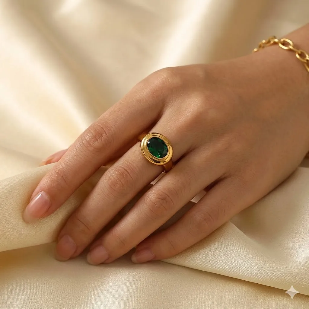 Edelstahl-Siegelringe mit grünem Smaragd für Damen und Herren, wasserdicht, vergoldet, mit rosa Quarzstein, oval, geometrisch, klobiger Ring