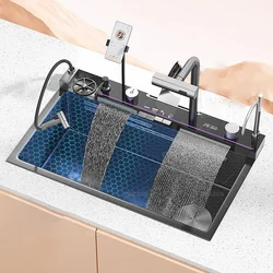 Fregadero de cascada de cocina de acero inoxidable, lavabo de mano resistente a los arañazos, lavabo de ranura única en relieve con soporte para teléfono inteligente