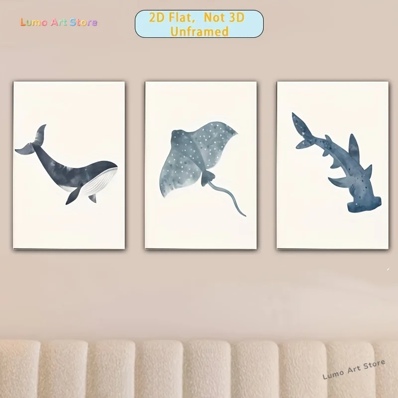 2D Flat, 2D Flat, 3pcs Frameless Posters, Marine Life Decorative Paintings Whale Shark Jellyfish Ray Watercolor Group Paintin
