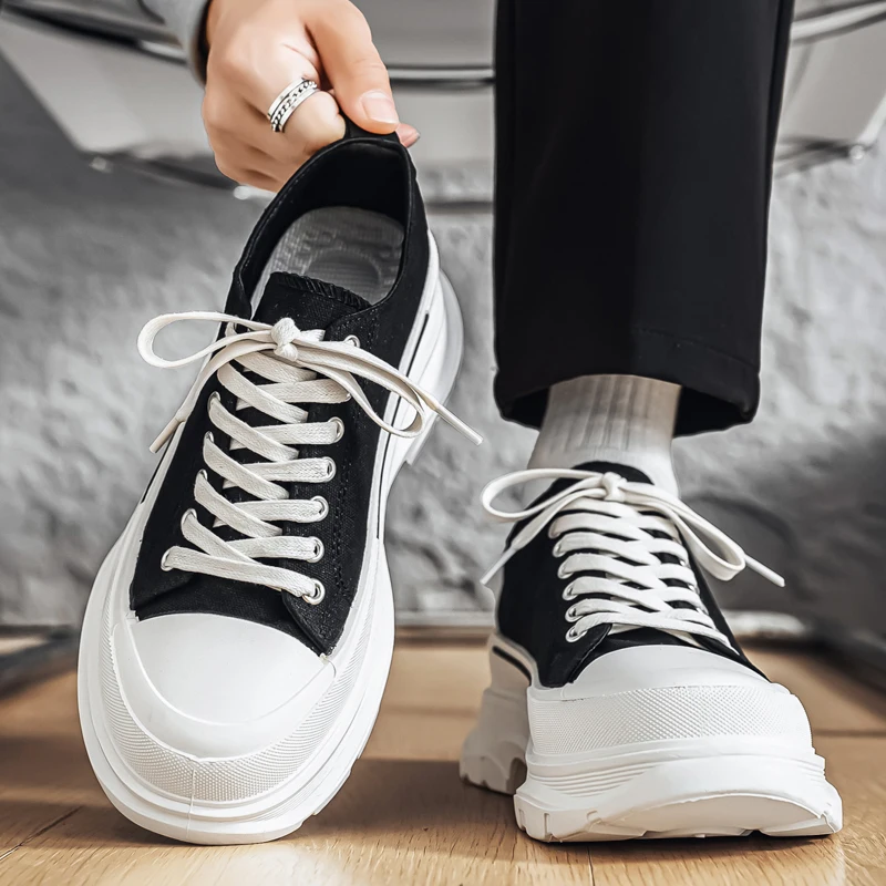 

Casual Canvas Men's Shoes Anti-Slip Thick Bottom Youth Sports Sneakers Korean Style Low Top Lace-Up Rubber Outsole