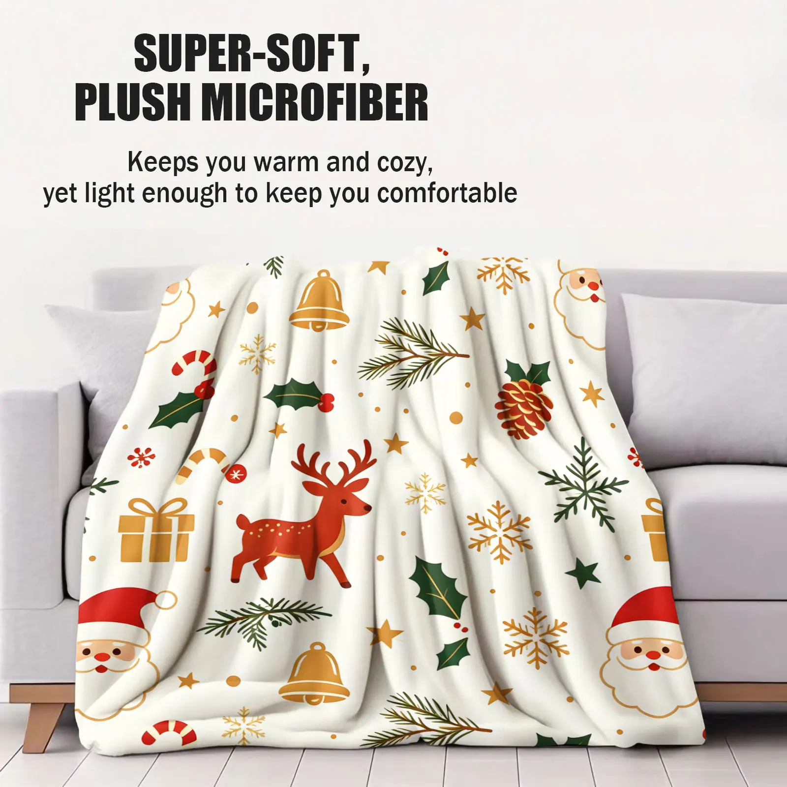 Christmas Flannel Throw Blanket Santa Claus Reindeer Bell Gift Box Snowflake Print Soft Plush Blanket for Sofa Bed Xmas Decor