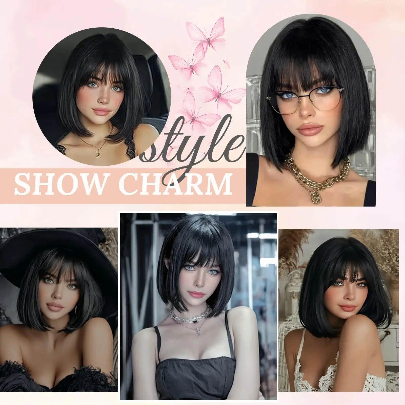 New black bob hairstyle synthetic wig for party, Halloween cosplay, daily use high-temperature hair accessory wig set image 5