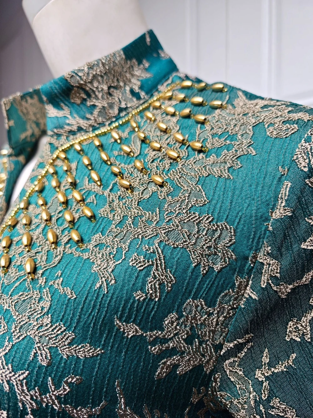 Kaftan Golden Lace Loose Evening Dress, Vintage Stand Collar Muslim Prom Gown, Stylish Beaded Gorgeous Robe, Formal Occasions