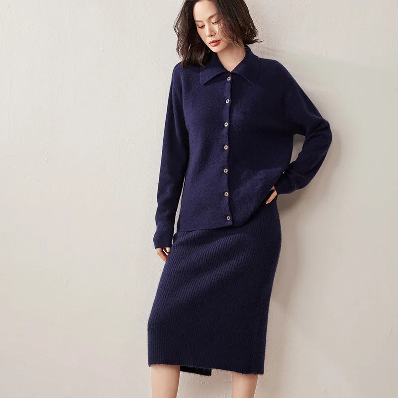 Autumn Winter 100% Percent Cashmere Suit Dress Set Womens Knitted Cardigan Lapel Collar Coat High Waisted Skirt Elegant Fashion.