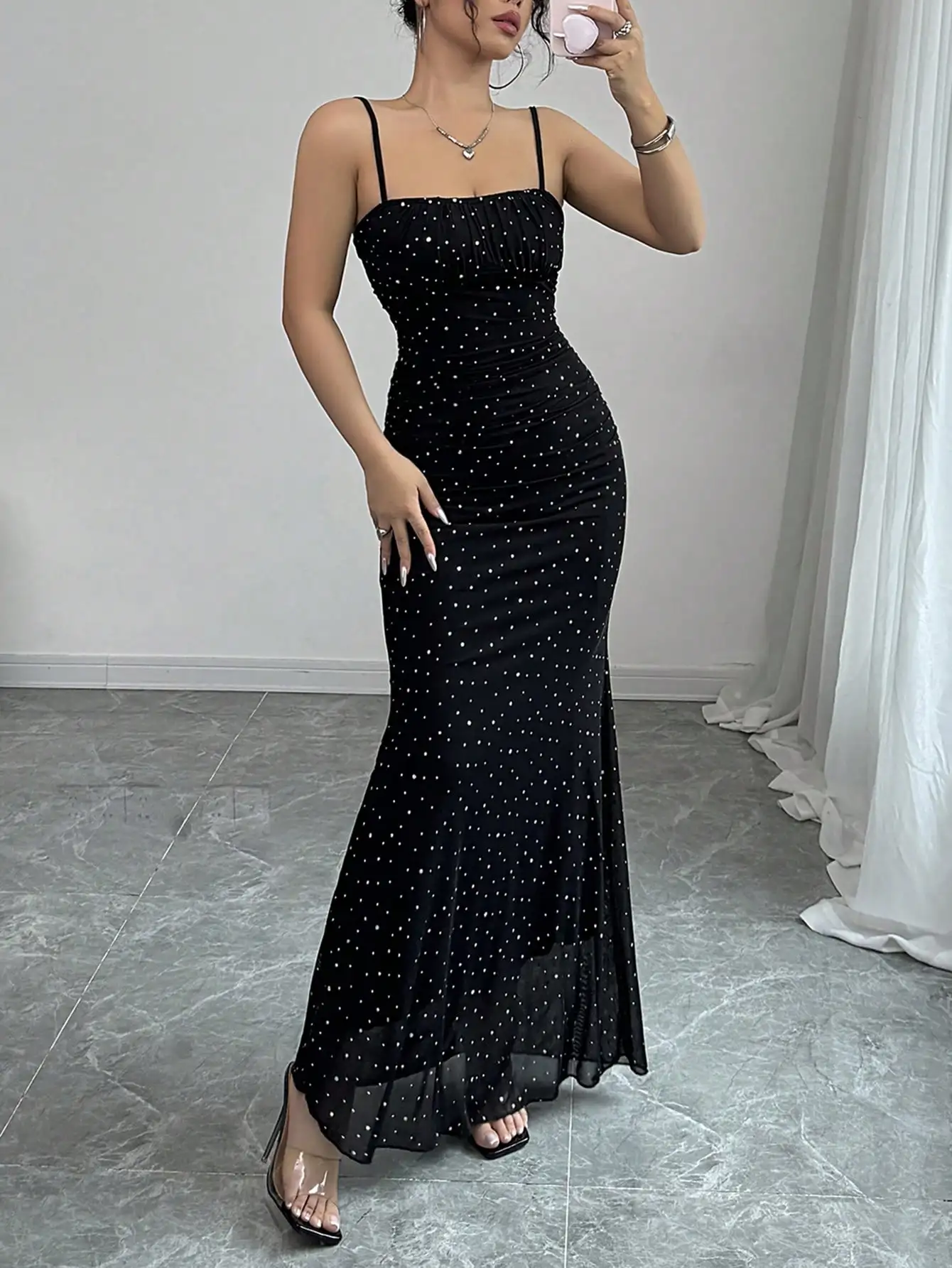 Nice Elegant Party Tight Sling Fishtail Swing Waist Section Pleated Adjustment Cloak Mesh Pinch Black Spring And Summer Women's