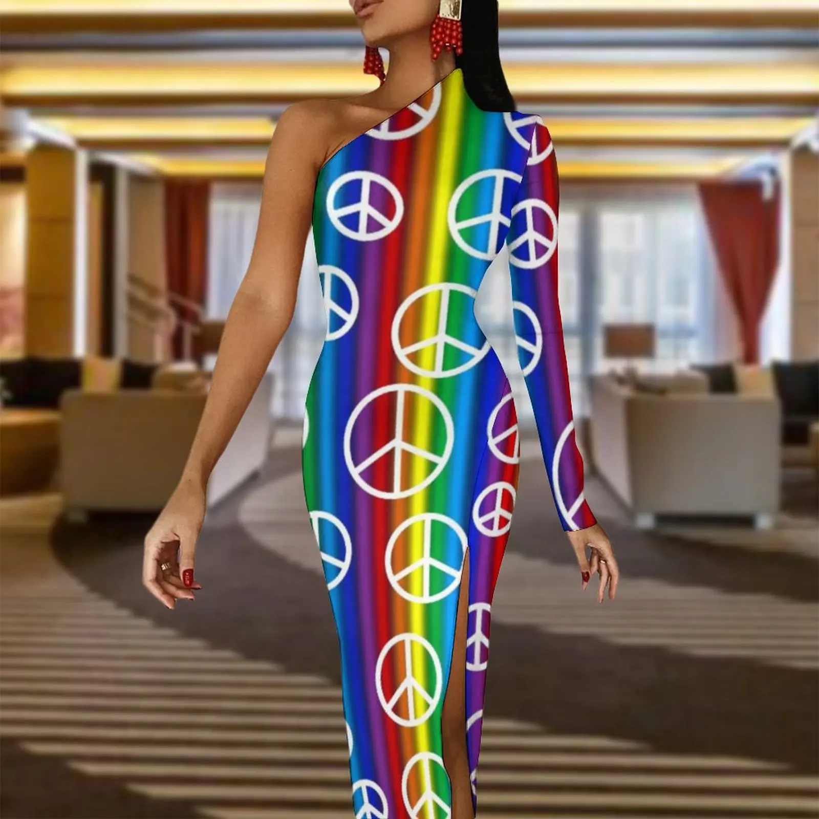 Frieden Zeichen Bodycon Kleid Herbst Regenbogen Streifen Druck Vintage Hohe Slit Lange Kleider Frauen Schulter Grafik Streetwear Kleid