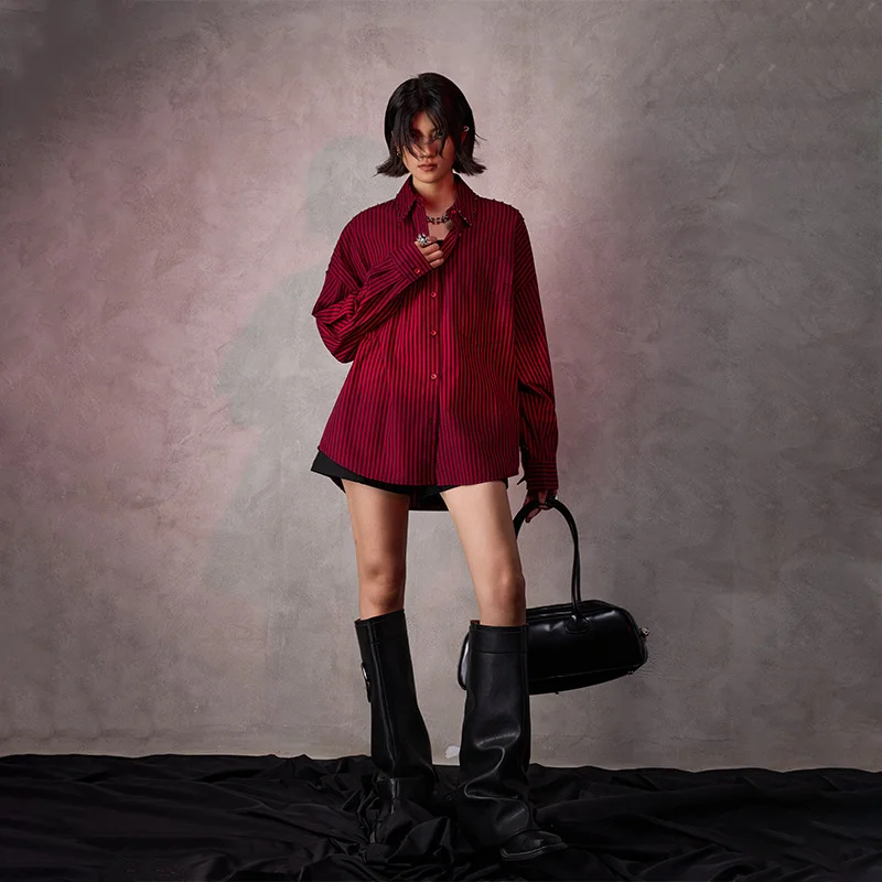 Women Vertical Striped Shirts Autumn Gradient Tide Brand Loose Design Rivet Mid-length Blouse Cotton Fashion Tops Long-sleeved