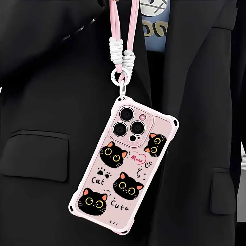 素敵な漫画風黒猫デザインのSamsung S25 S24 S23 S22 S21 S20 FE Note 20 Ultra用ストラップ付き耐衝撃・落下防止カバー、ソフトフォンケース