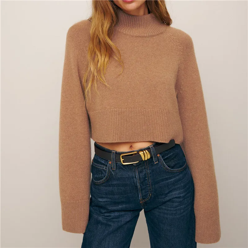 100% pure wool sweater short autumn/winter new casual knitting Tops round neck women's loose pullover with exposed navel Blouse