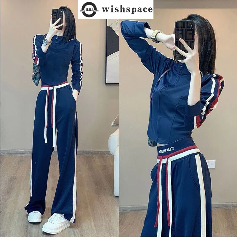 

Leisure Sports Suit Women's Spring and Autumn Korean Style Western-style Top Age Reducing Wide Leg Pants Two-piece Set