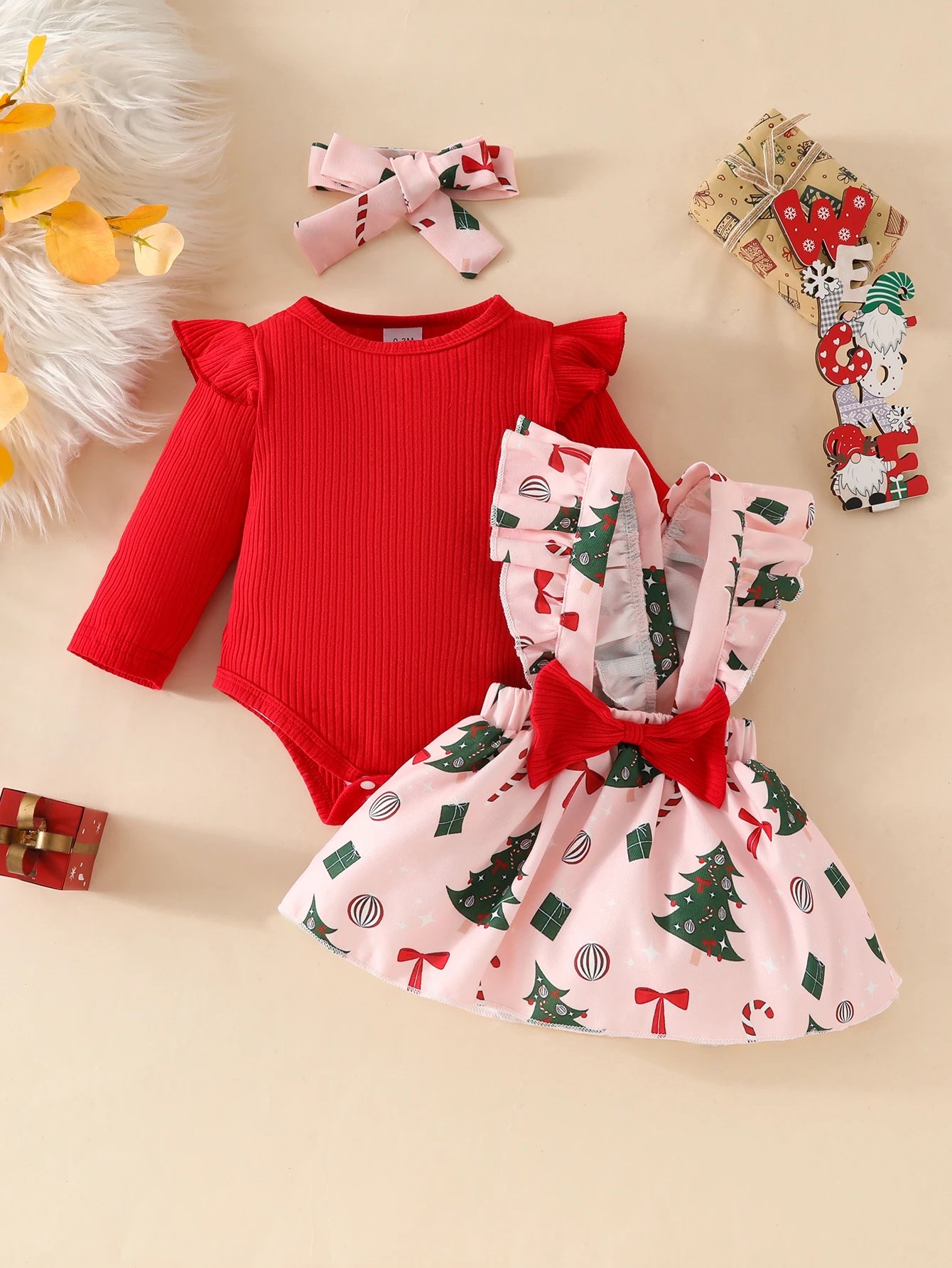 Baby Girl\'s Christmas Fashion Party Cute Christmas Tree Gift Printed Ruffled Bow Suspender Skirt+red Casual Toddler One-piece Triangle