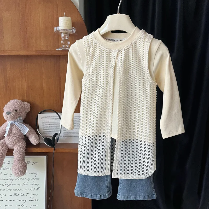 

Children's Outfit New Spring Girls' Fashion Long Sleeve Base Vest Long Shirt Jeans Casual3Set