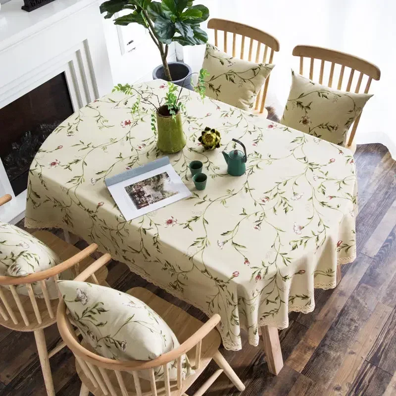 Oval Tablecloth with Lace Flower Printed Rustic Green, Romantic Ellipse Table Cover, Farmhouse Leisure Dining Table Cloth, 185cm