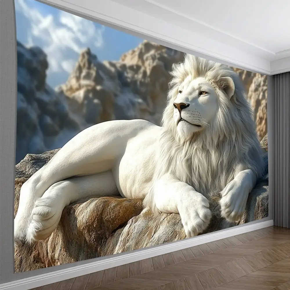 White Lion Tapestry, Majestic King of Jungle on Rocky Cliff, Realistic Animal Wall Art for Living Room Bedroom Home Decor