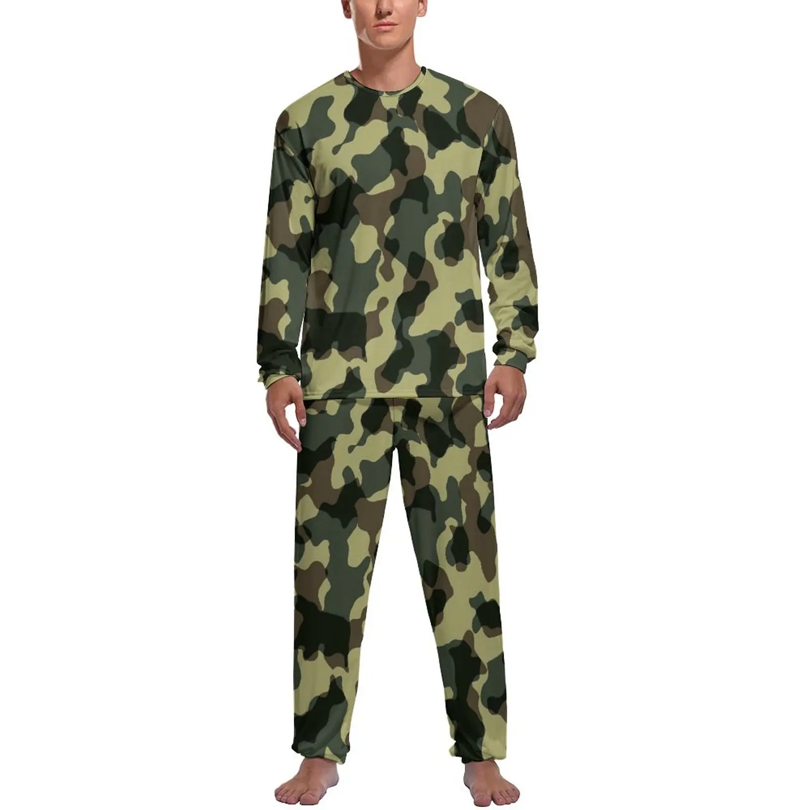 Green Camouflage Pajamas Male Army Camo Retro Home Suit Spring Long Sleeve 2 Pieces Aesthetic Graphic Pajamas Set