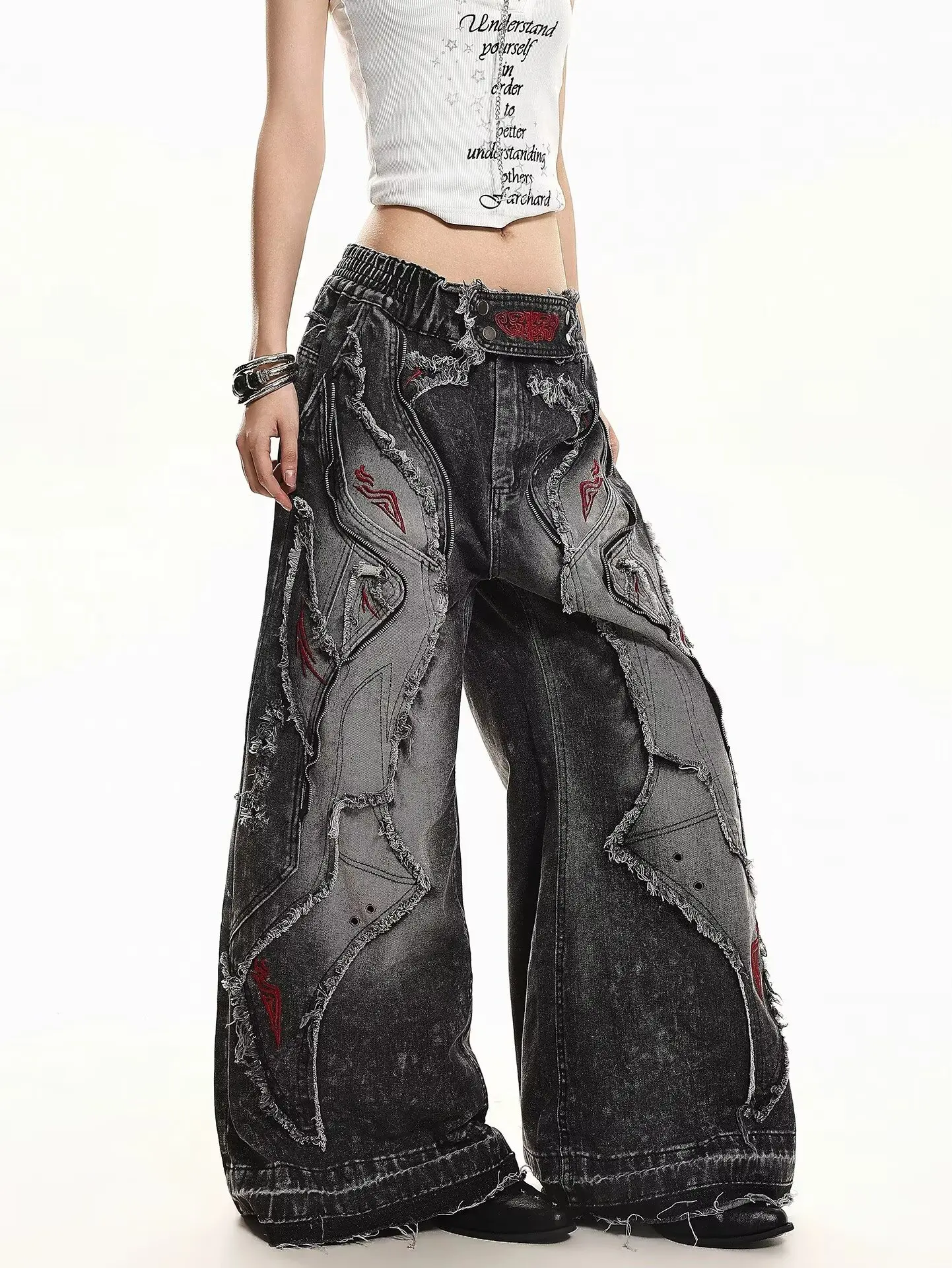 American style spicy girl loose lazy and relaxed denim pants female punk retro washed High Street Red Embellished Jeans