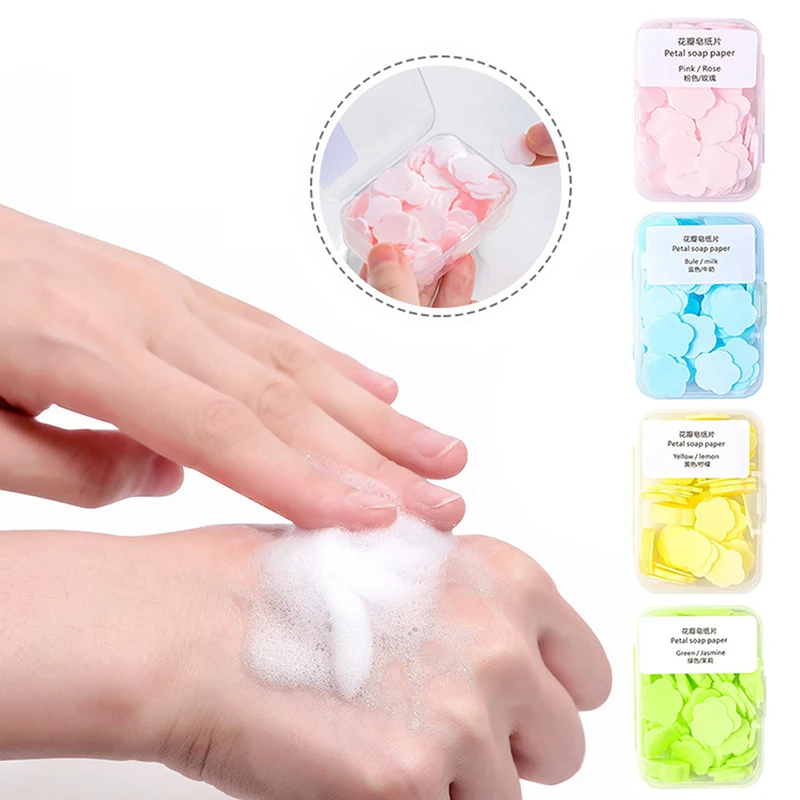 

100Pcs/Box Disposable Cute Mini Flower Shape Paper Soap With Box Hand-washing Soap Paper Flakes Portable Handwashing Soap