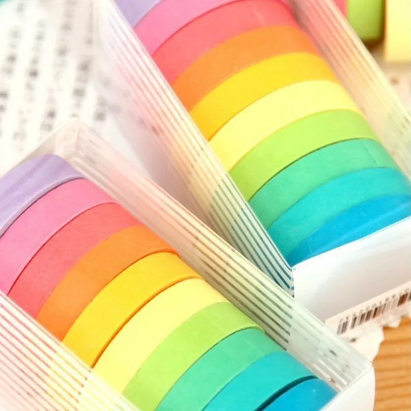 10Pcs/box Creative Rainbow Masking Washi Sticky Paper Tape Adhesive Printing DIY Scrapbooking Decorate Washi Tape