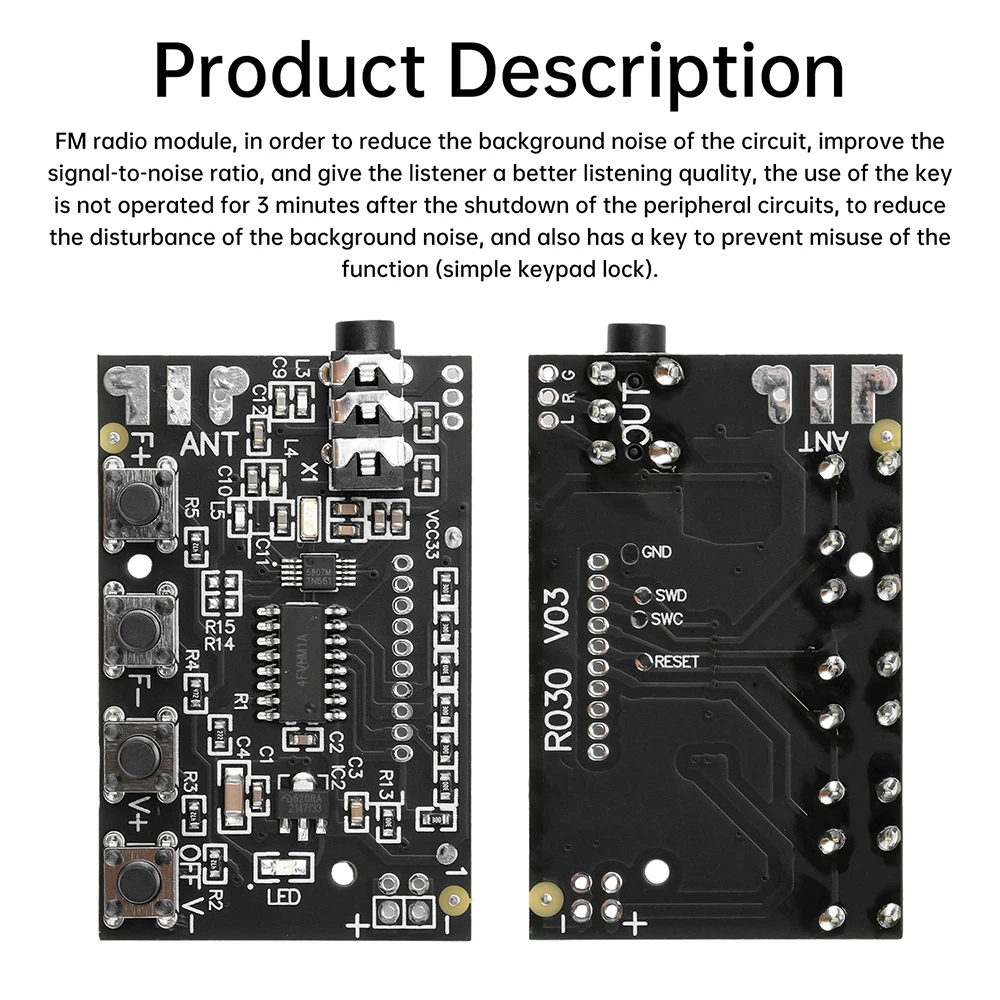 Módulo de rádio FM de 2 canais 76.0MHz-108.0MHz Placa de circuito receptor FM estéreo RDA5807 de alta sensibilidade com luz LED DC 3-12V