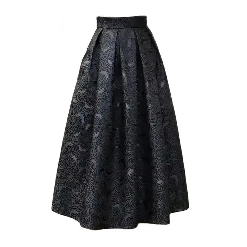 Black Rose Floral Vintage Elegant High Waist Ball Gown Loose Women's Skirt Knee-Length Long Skirts For Women Clothing Fashion